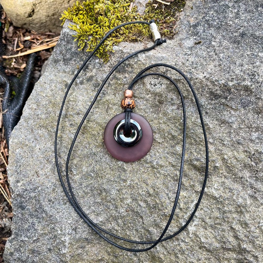Hematite and Purple Sea Glass Pendant Handmade - Picture 6 of 6